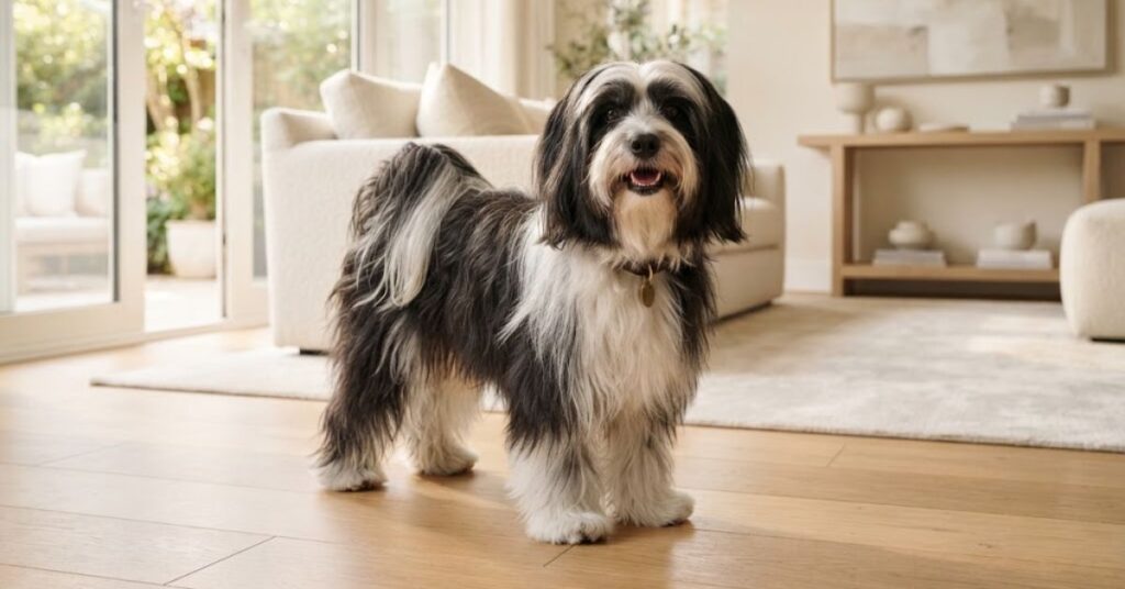 Tibetan Terrier with long low-shedding coat indoors