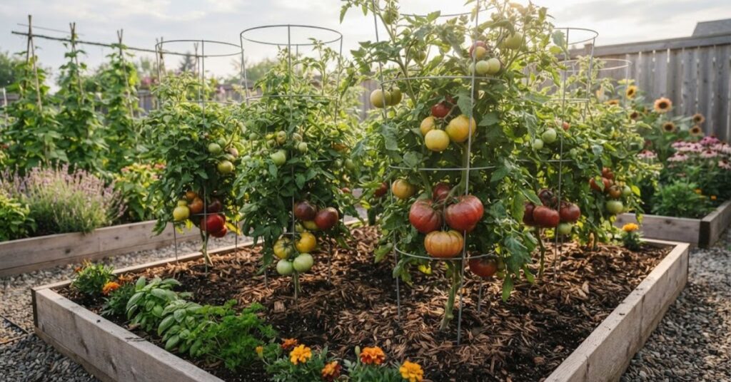 Healthy supported tomato plants in a well-maintained garden