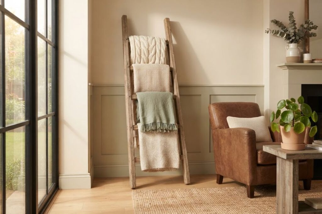 Old ladder repurposed as DIY blanket storage in a living room