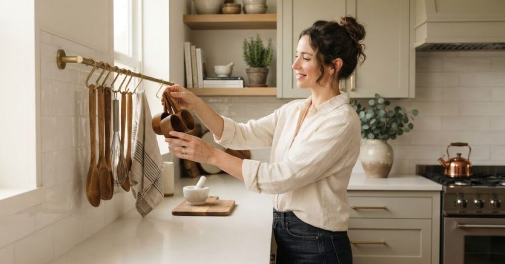 Woman using wall storage to organize kitchen utensils