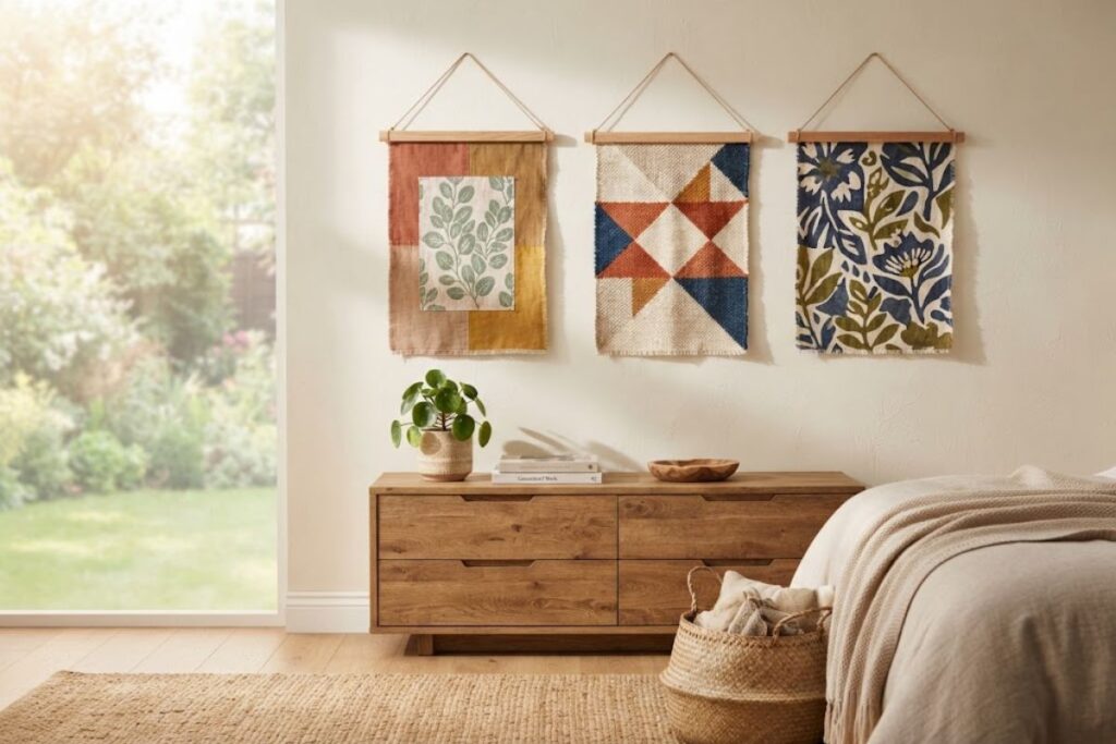 DIY fabric wall banners made from recycled fabric for home decor
