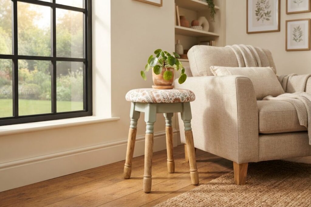 Upcycled old stool with a fresh painted finish and fabric seat