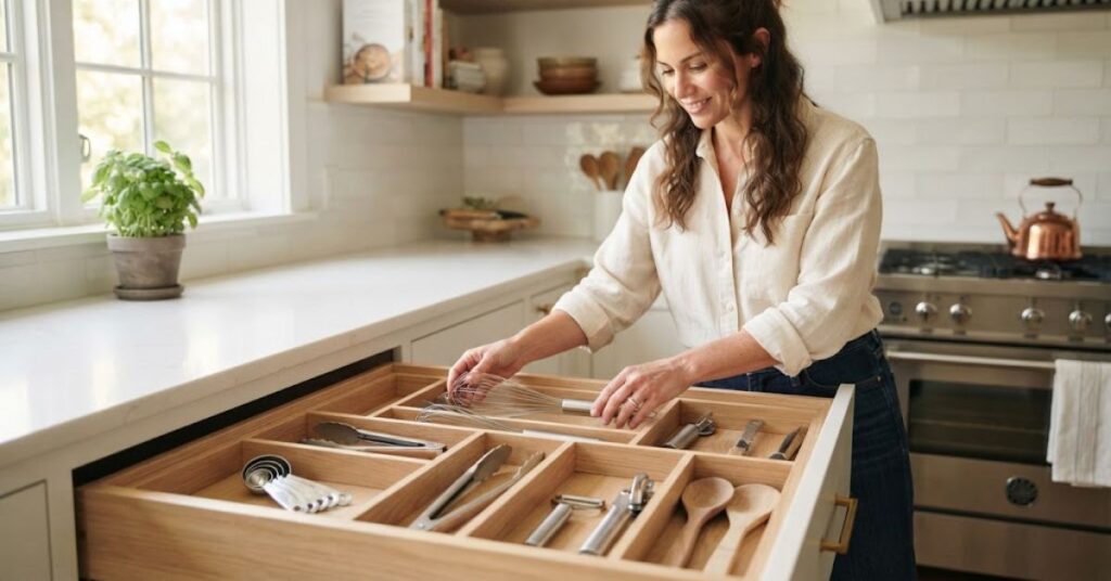 Organized kitchen drawer with dividers for cooking utensils