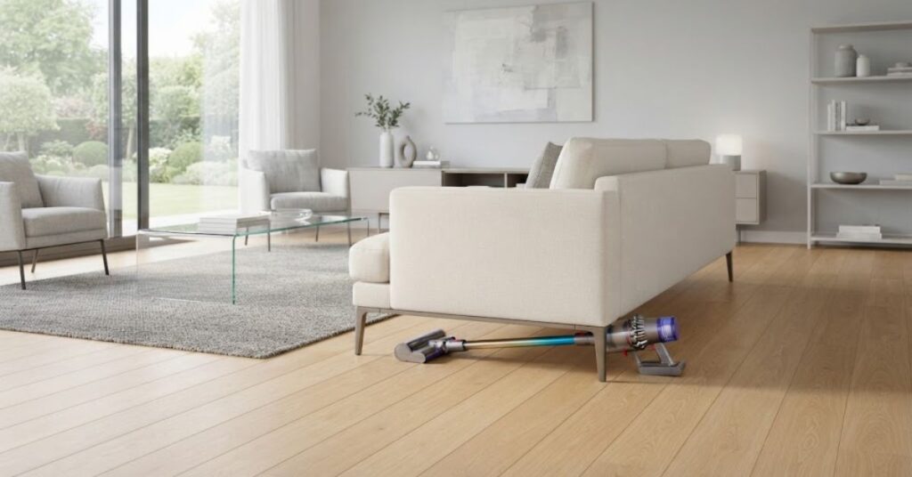 Vacuuming under furniture during a September deep clean