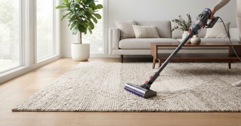 Vacuuming a rug to remove dust and dirt