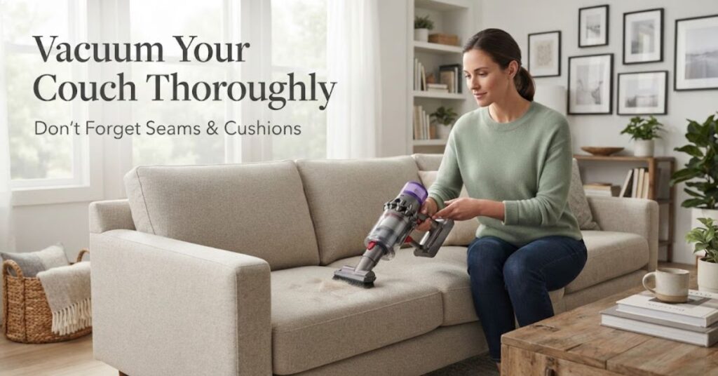 Woman vacuuming pet hair from a fabric couch with an upholstery attachment.