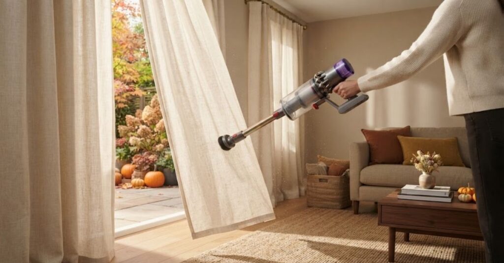 Cleaning and freshening curtains during fall home cleaning