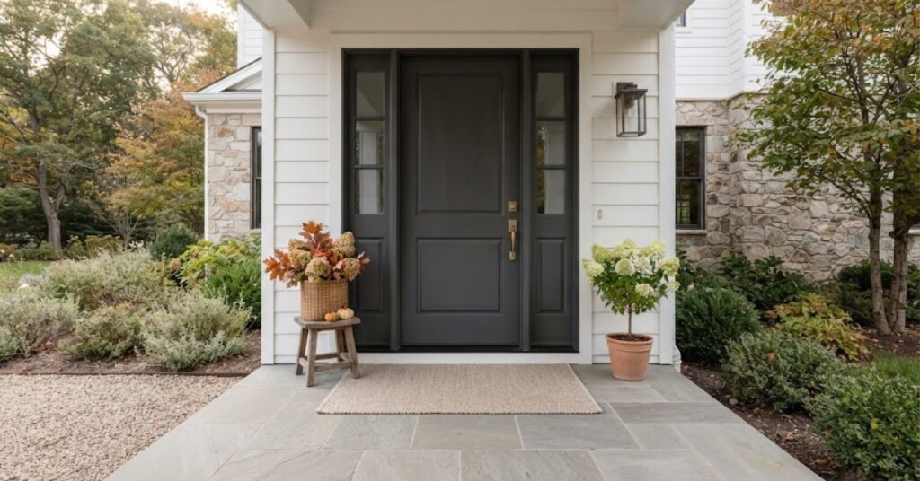 Freshly cleaned doormat in a tidy fall-ready entryway