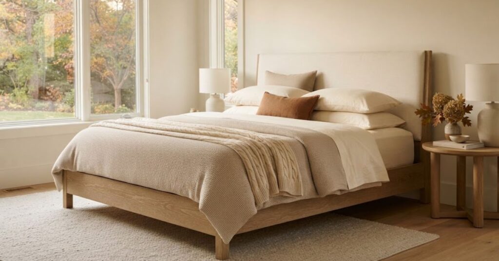Fresh seasonal blankets and bedding prepared for fall