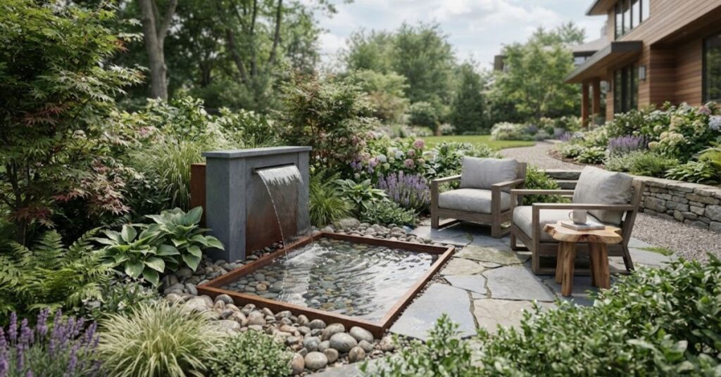 Peaceful backyard water feature surrounded by greenery