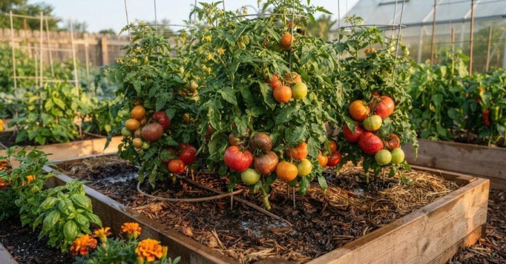 Tomato plants receiving careful watering at the soil level