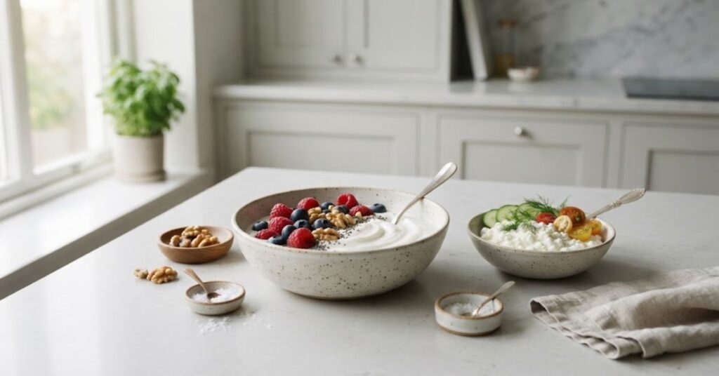 Greek yogurt and cottage cheese in balanced protein-rich meals