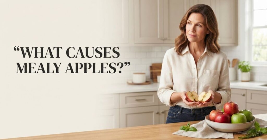 Woman examining a cut mealy apple beside fresh crisp apples