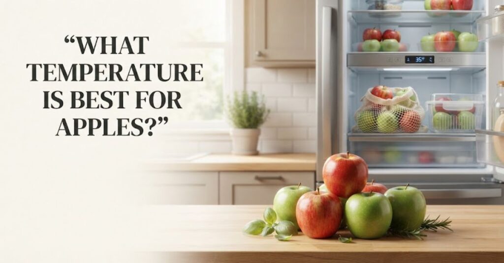 Fresh apples stored at the ideal cool temperature in a refrigerator