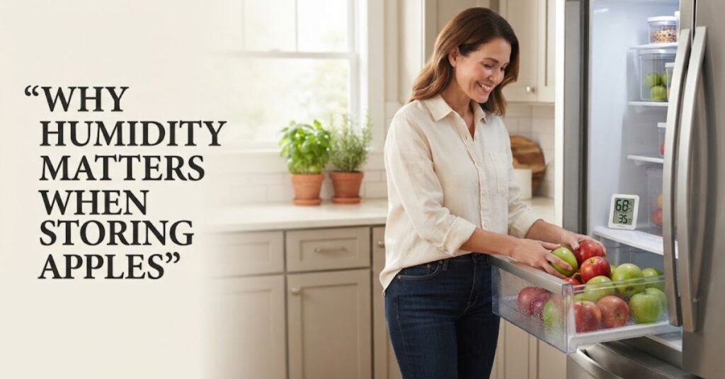 Woman storing fresh apples in a refrigerator crisper drawer to maintain proper humidity