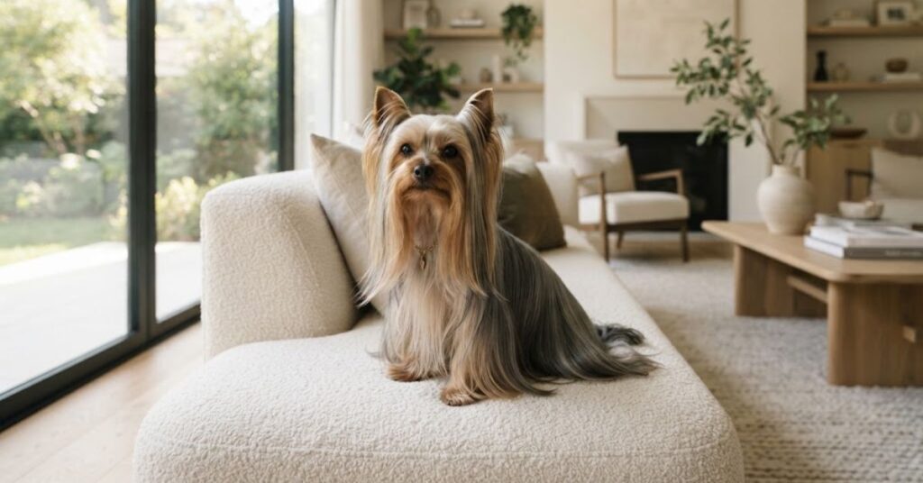 Yorkshire Terrier with silky low-shedding coat on a sofa